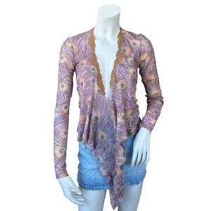 NWT Y2K Only Hearts by Helena Stuart Sheer Peacock Print Lace Trim Open Top M/L